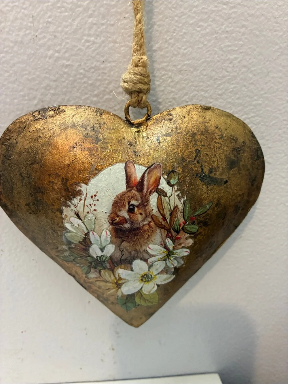 Rustic Gold Heart Wall Hanging with Bunny Floral Motif